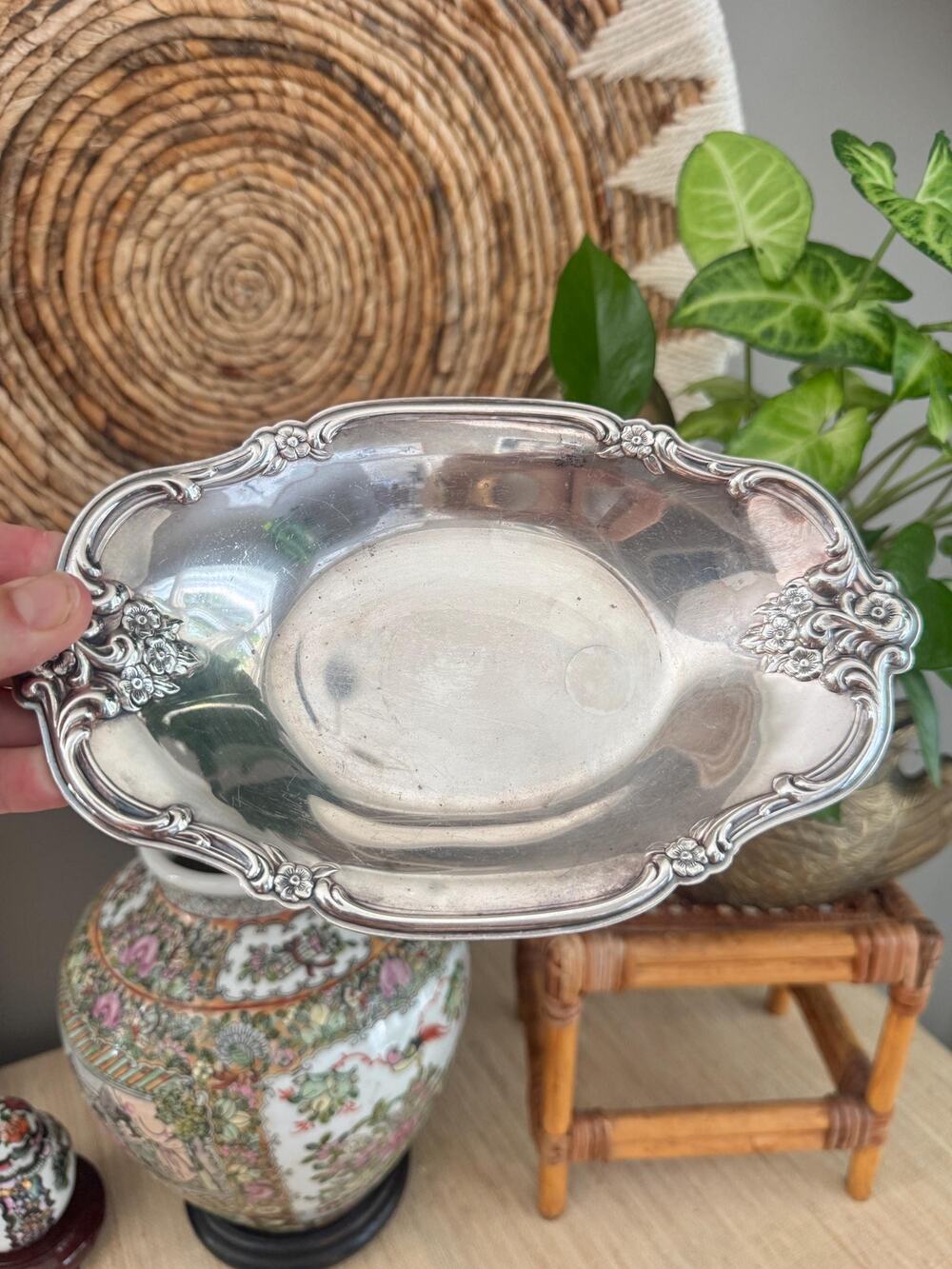 Vintage International “Orleans Rose” Silverplate Dish, 9” Vanity Trays, Barware
